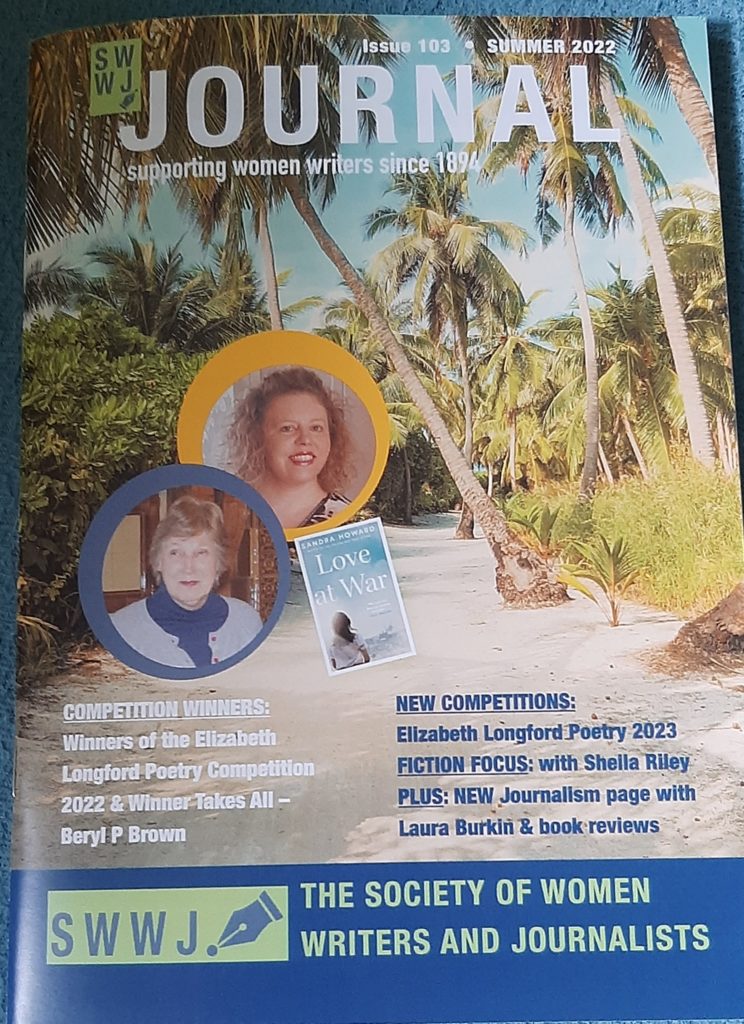 The SWWJ Journal cover shows headshots of Beryl Brown and Laura Burkin on a background of palm trees. Beryl described as a competition winner, Laura as the new journalism representative for the society